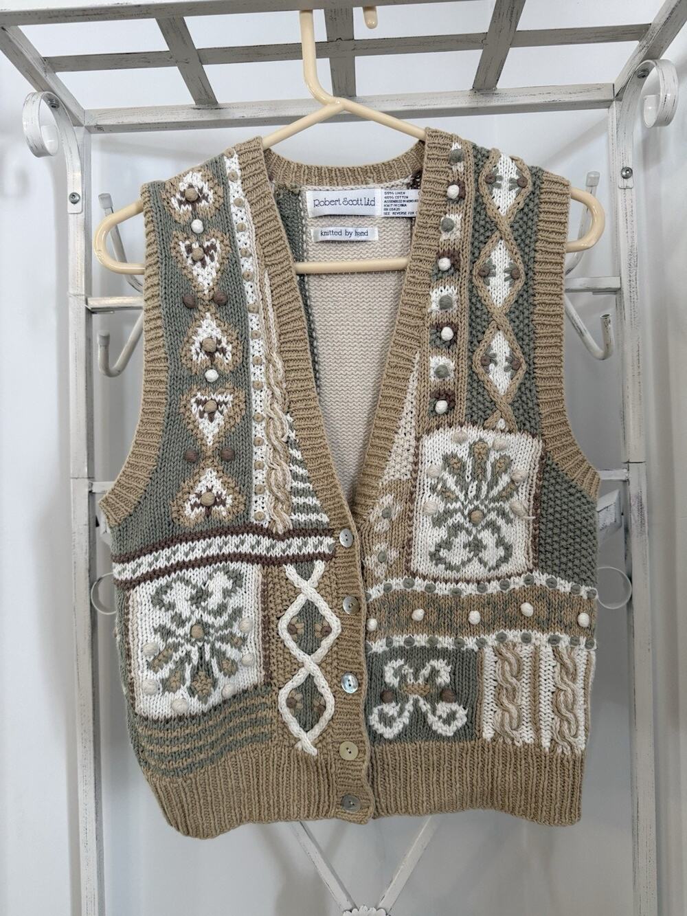 VTG Robert Scott Hand Knit Sweater Vest L Linen Cotton sm cottagecore